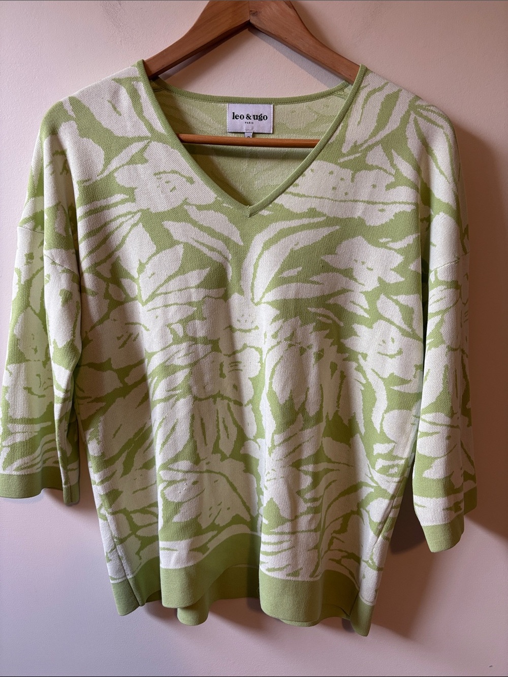 Leo & Hugo Green and White Floral V-Neck Sweater
